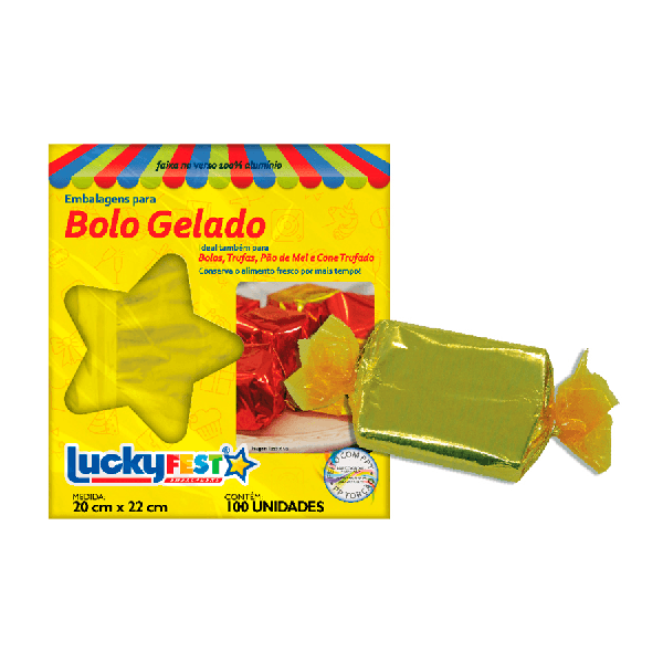 EMBALAGEM BOLO GELADO 20X22CM OURO BRILHANTE 100UN LUCKY FEST
