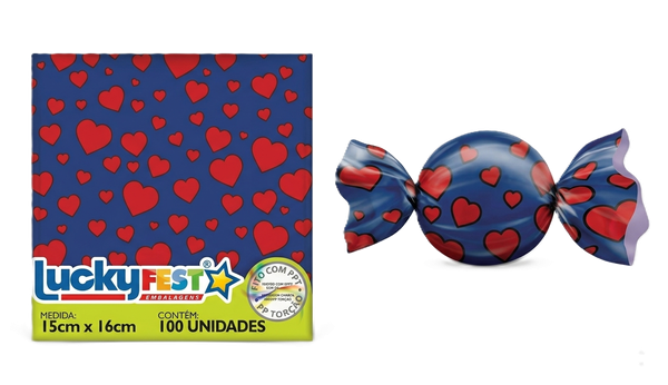 EMBALAGEM PARA TRUFA 15X16CM CORACOES AZUL ESCURO 100UN LUCKY FEST