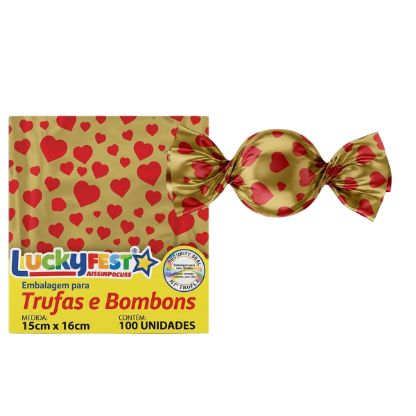EMBALAGEM PARA TRUFA 15X16CM CORACOES OURO RICO 100UN LUCKY FEST