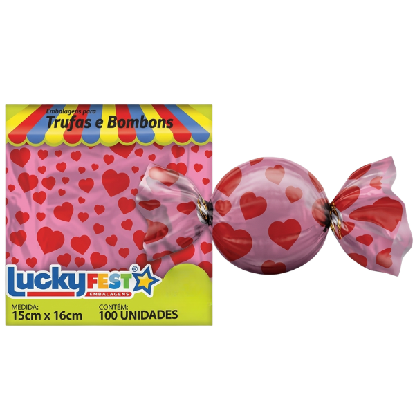 EMBALAGEM PARA TRUFA 15X16CM CORACOES ROSA CHICLETE 100UN LUCKY FEST
