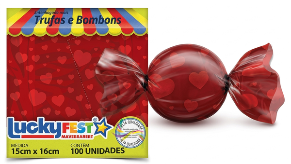 EMBALAGEM PARA TRUFA 15X16CM CORACOES VERMELHO 100UN LUCKY FEST