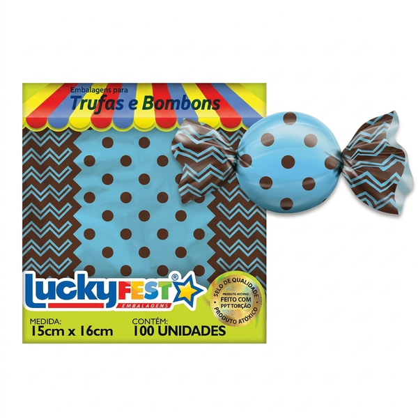 EMBALAGEM PARA TRUFA 15X16CM POA MARROM/AZUL 100UN LUCKY FEST