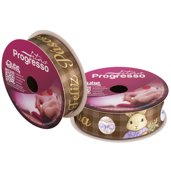 FITA CETIM PASCOA 22MMX10MT COR 234 FELIZ PASCOA COELHOS XADREZ MARROM UN PROGRESSO