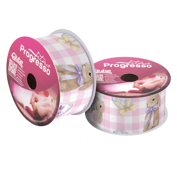 FITA CETIM PASCOA 38MMX10MT COR 073 COELHOS XADREZ ROSA UN PROGRESSO