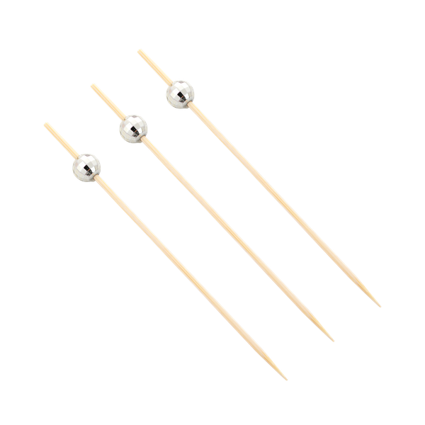 PALITO EM BAMBU PARA PETISCOS 12CM 20UN BOLA ESPELHADA PRATA SILVER