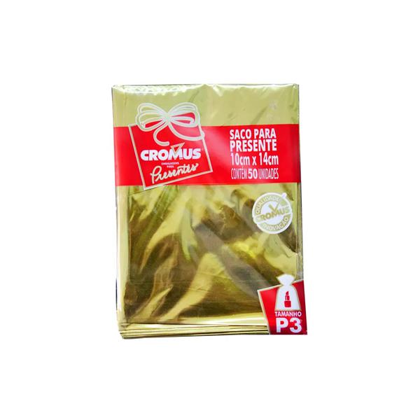 SACO METALIZADO 10X14 DOURADO 50UN CROMUS