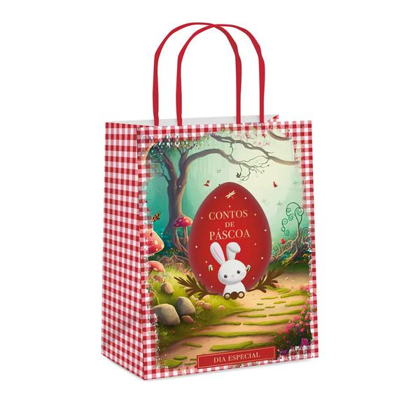 SACOLA LAMINADA 21,5X15X8CM CONTOS PASCOA VERMELHO UN CROMUS