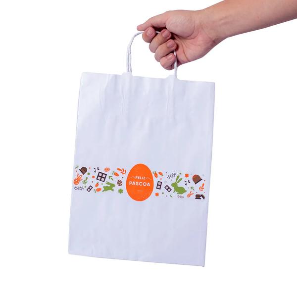 SACOLA PAPEL 31X23X11,5CM BRANCA FELIZ PASCOA M UN VINCO
