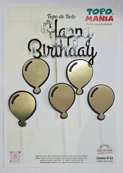 TOPO BALAO HAPPY BIRTHDAY PRETO/OURO UN TOPO MANIA
