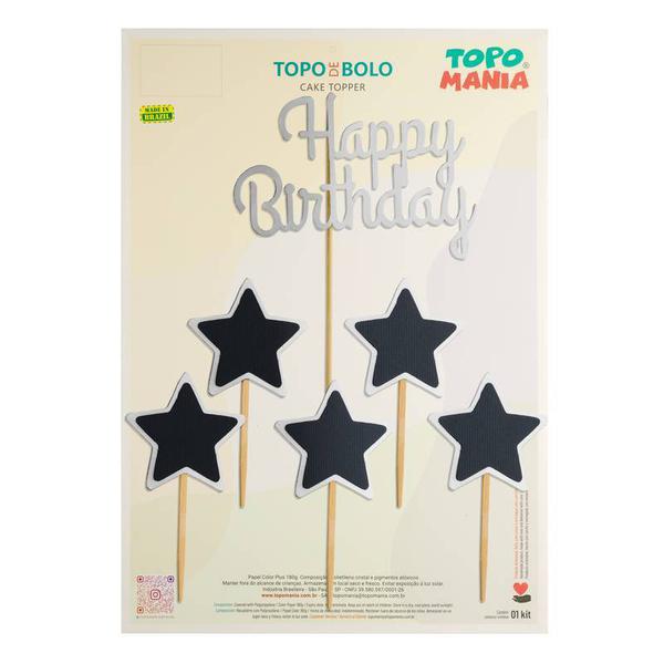 TOPO ESTRELAS HAPPY BIRTHDAY AZUL MARINHO/PRATA UN TOPO MANIA
