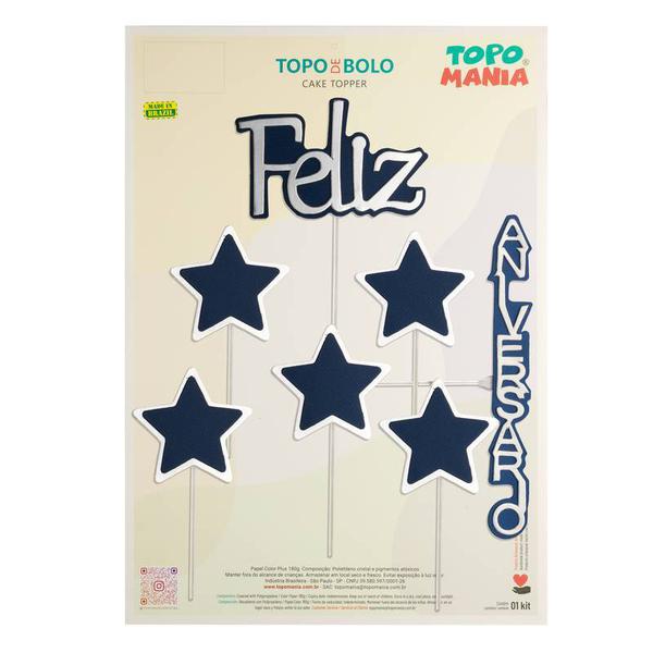 TOPO FELIZ ANIVERSARIO ESTRELAS AZUL MARINHO E PRATA UN TOPO MANIA
