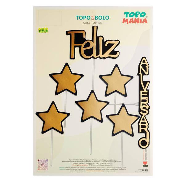 TOPO FELIZ ANIVERSARIO ESTRELAS PRETO E OURO UN TOPO MANIA