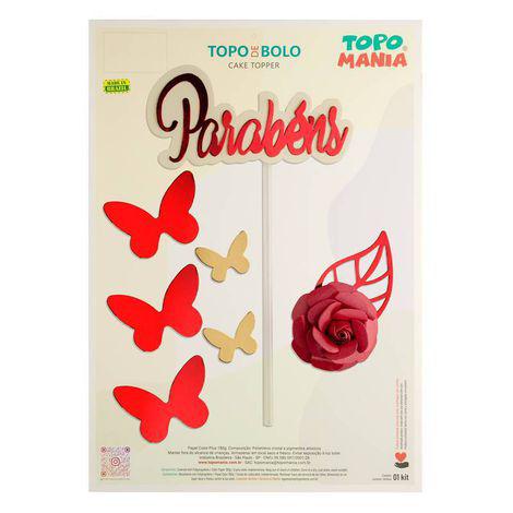 TOPO PARABENS COM ROSA VERMELHA UN TOPO MANIA