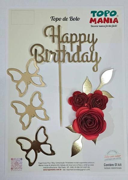 TOPO ROSAS HAPPY BIRTHDAY VERMELHO UN TOPO MANIA