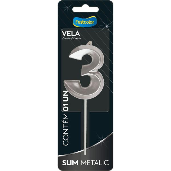VELA SLIM METALLIC PRATA  Nº3 UN FESTCOLOR
