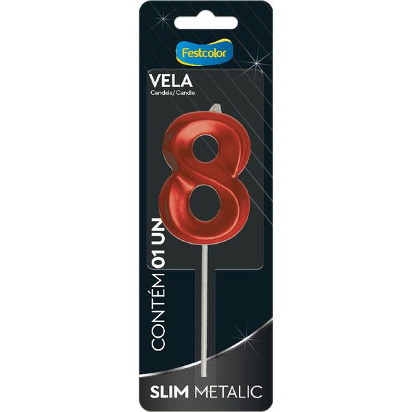 VELA SLIM METALLIC VERMELHA Nº8 UN FESTCOLOR