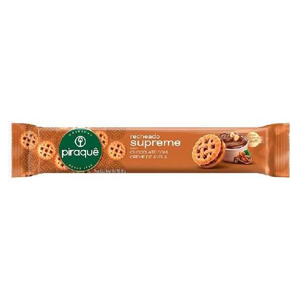 BISCOITO PIRAQUE SUPREME 80G CHOCOLATE C/CREME DE AVELA