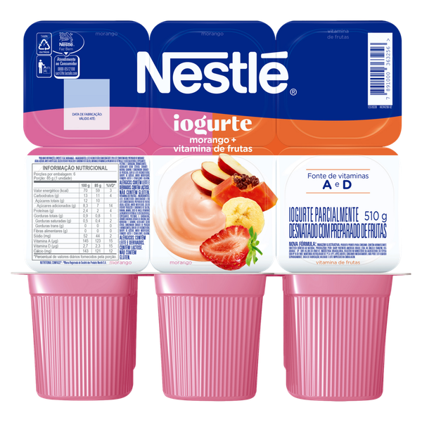 IOGURTE NESTLE BANDEJA 510G C/6 MORANGO+VITAMINA DE FRUTAS