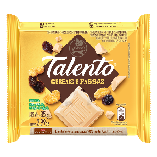 TALENTO TAB RECH 85G CHOC BCO CEREAIS/PASSAS