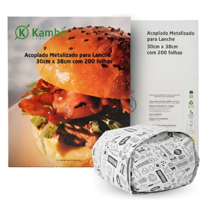 PAPEL ACOPLADO KAMBE EMBALAGEM METALIZADO LANCHE 30 X 38 CX C/ 200 UND