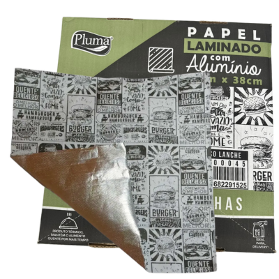 PAPEL LAMINADO PLUMA C/ ALUMINIO IMPRESSO LANCHE 38 X 38 CX C/ 250 UND
